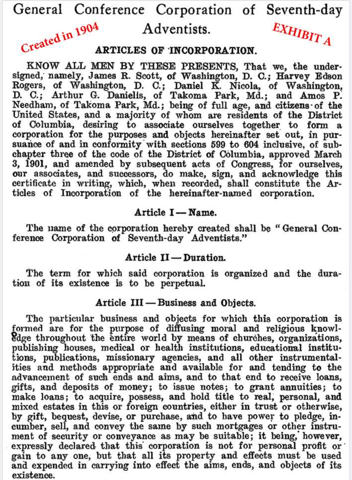 144000.com/paperchurch – The 1904 General Conference Corporation Articles of Incorporation: How the SDA Church United with the State, Became a 501(c)(3) Religious Entity, and Fulfilled the Image of the Beast Prophecy. Babylon is Fallen — Warning from the 144000 ADO Message